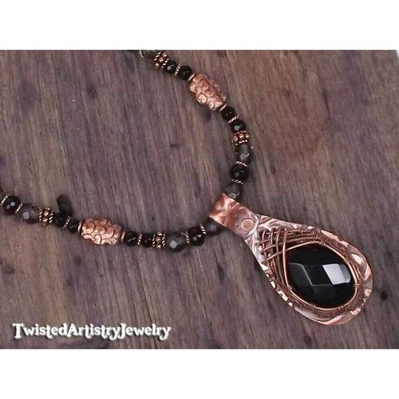 Twisted Artistry Jewelry Jewelry - Beaded Necklace with Wire Wrapped Smoky Quartz Embossed Copper Pendant Handmade